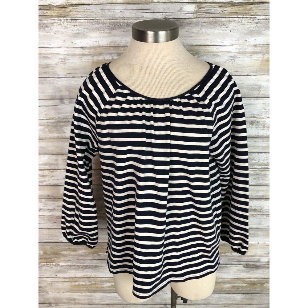 J Crew Top Medium Structured Stripe Keyhole Top Navy Cream